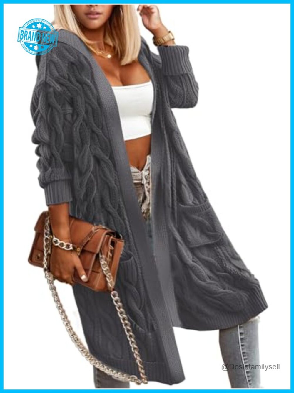 Oversized Cable Knit Hooded Open Front Cardigan Sweater with Pockets